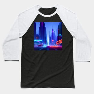 Ai Generated Art Scenery - Futuristic City Street With Cars And Neon Lighting Baseball T-Shirt